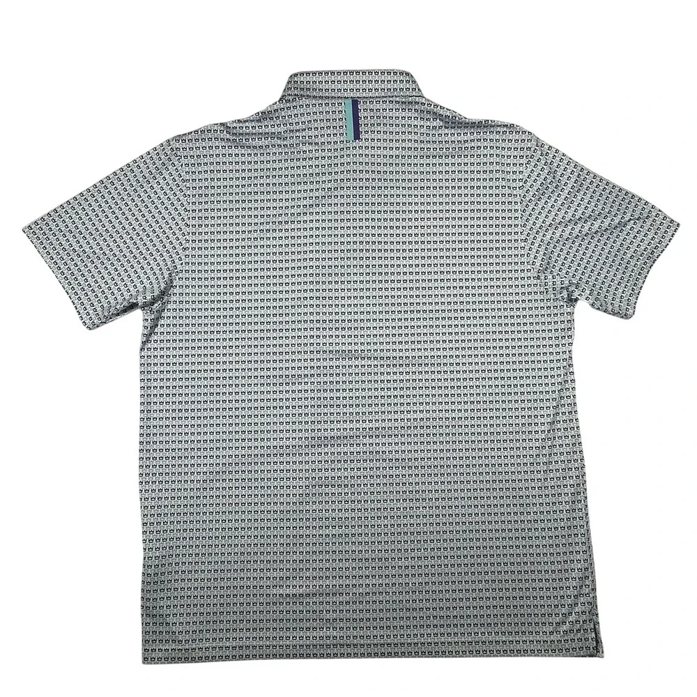 Rhoback Polo Shirt Mens XXL White‎ Navy Teal Crown Print Performance Golf Preppy